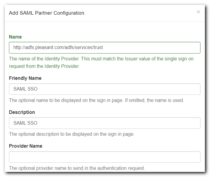 SAML SSO Partner Configuration